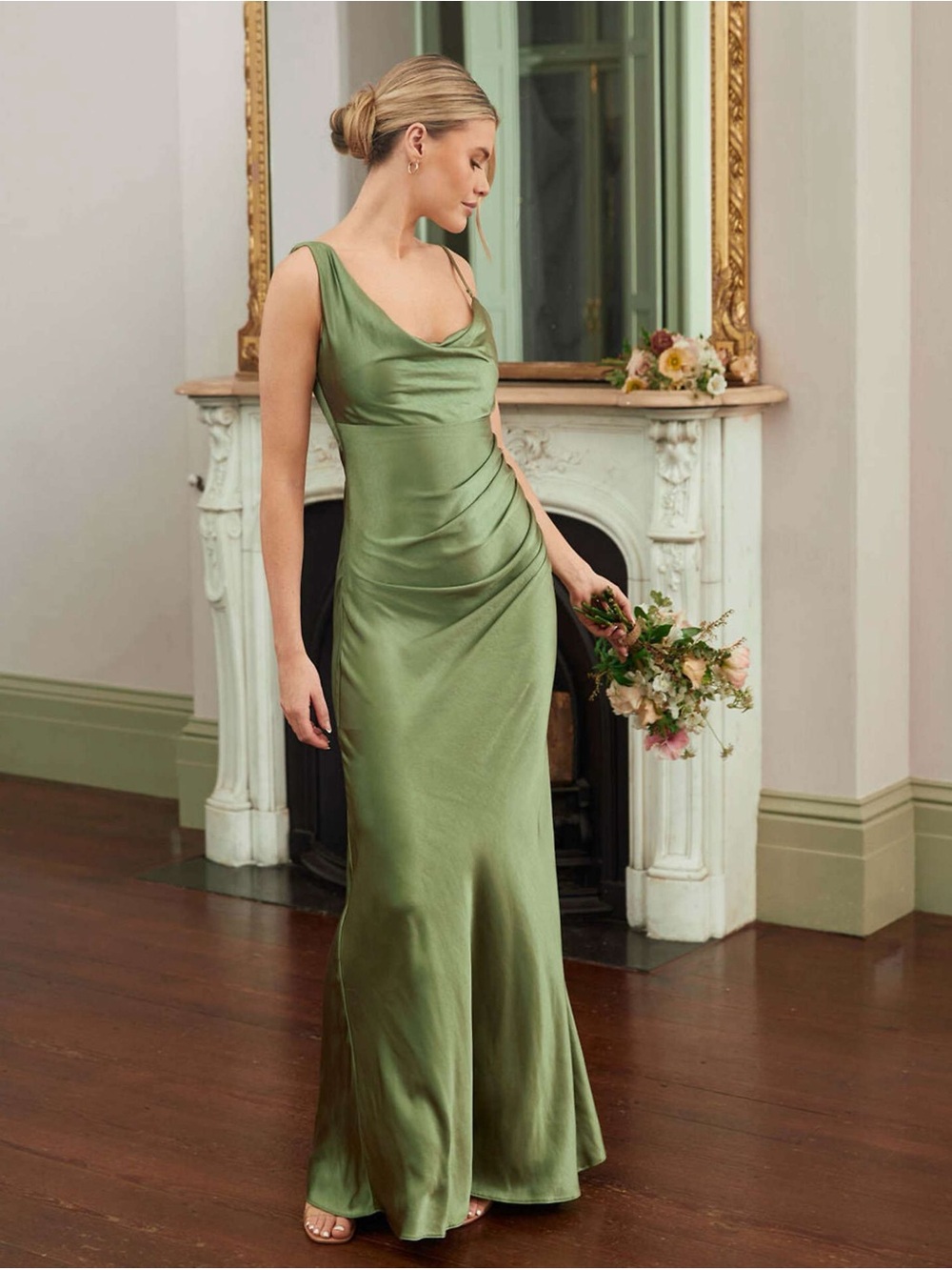 Six Stories Bridesmaid Satin Cowl Neck Evening Gown - Olive Green